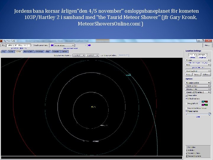 Jordens bana korsar årligen”den 4/5 november” omloppsbaneplanet för kometen 103 P/Hartley 2 i samband