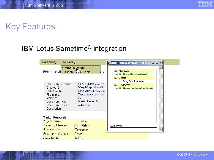 IBM Software Group Key Features IBM Lotus Sametime® integration © 2005 IBM Corporation 