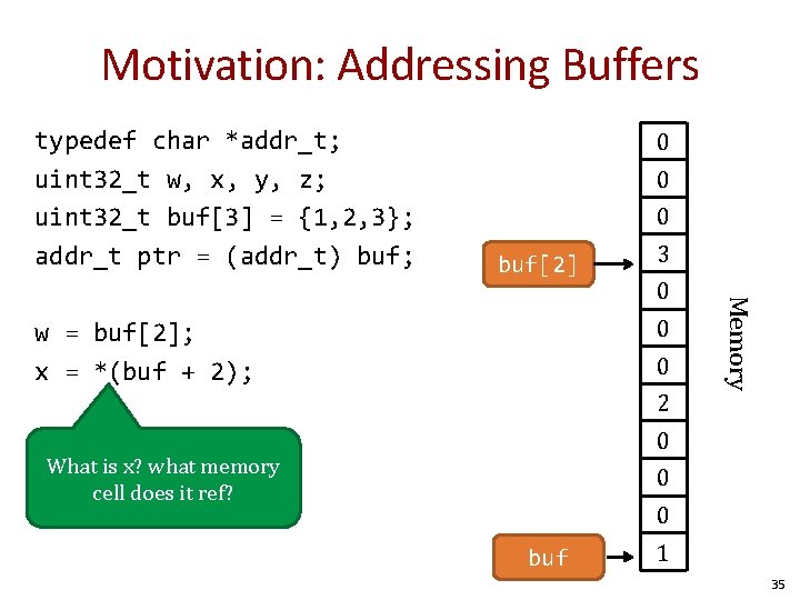 Motivation: Addressing Buffers typedef char *addr_t; uint 32_t w, x, y, z; uint 32_t