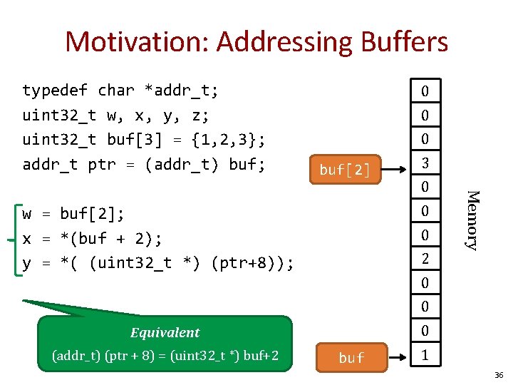 Motivation: Addressing Buffers typedef char *addr_t; uint 32_t w, x, y, z; uint 32_t