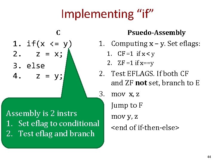 Implementing “if” C 1. if(x <= y) 2. z = x; 3. else 4.