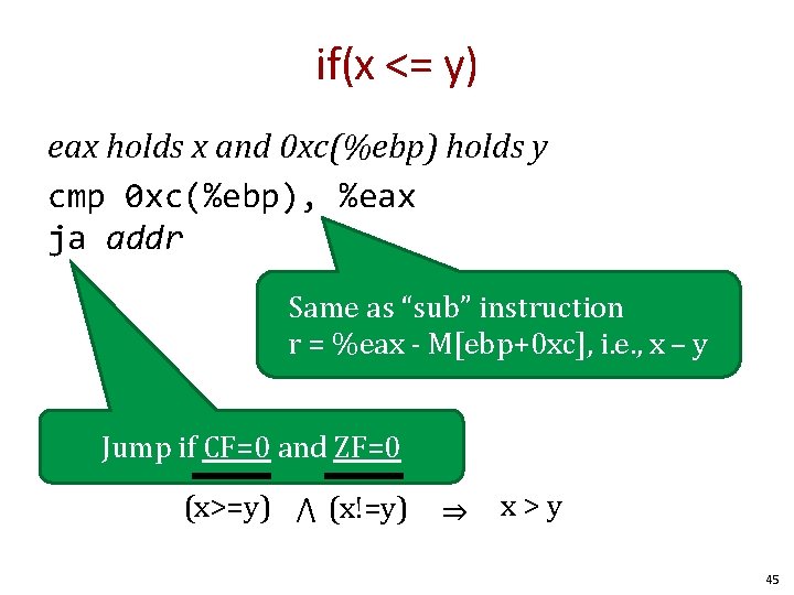 if(x <= y) eax holds x and 0 xc(%ebp) holds y cmp 0 xc(%ebp),
