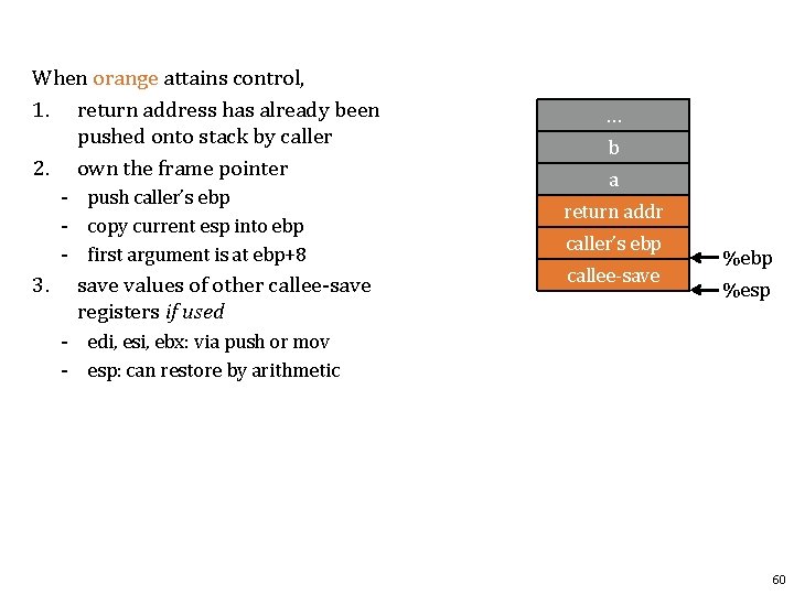 When orange attains control, 1. return address has already been pushed onto stack by