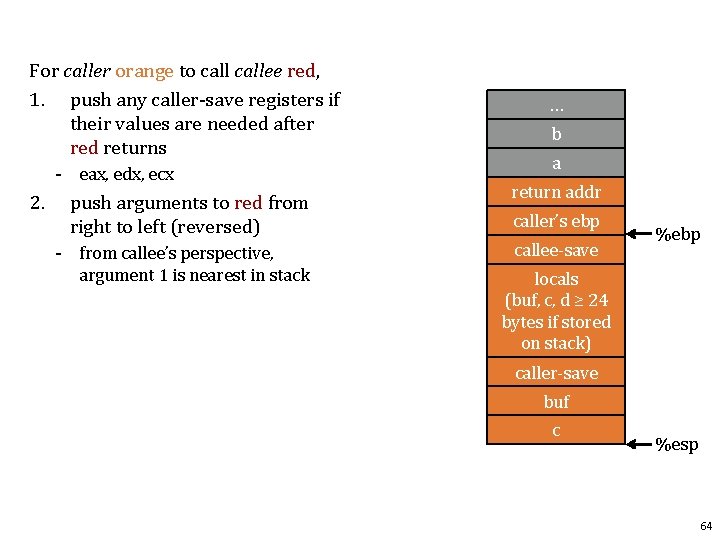 For caller orange to callee red, 1. push any caller-save registers if their values
