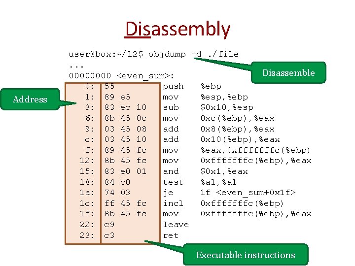 Disassembly Address user@box: ~/l 2$ objdump -d. /file. . . Disassemble 0000 <even_sum>: 0: