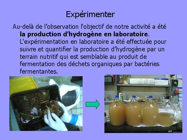 Expérimenter Au-delà de l’observation l'objectif de notre activité a été la production d’hydrogène en