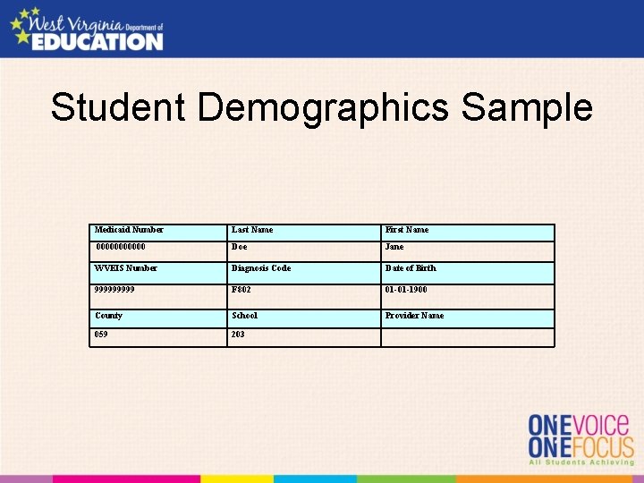 Student Demographics Sample Medicaid Number Last Name First Name 000000 Doe Jane WVEIS Number