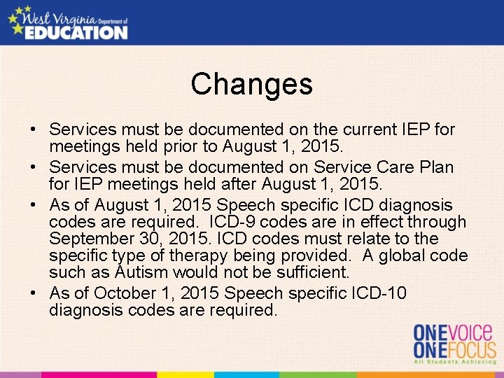 Changes • Services must be documented on the current IEP for meetings held prior