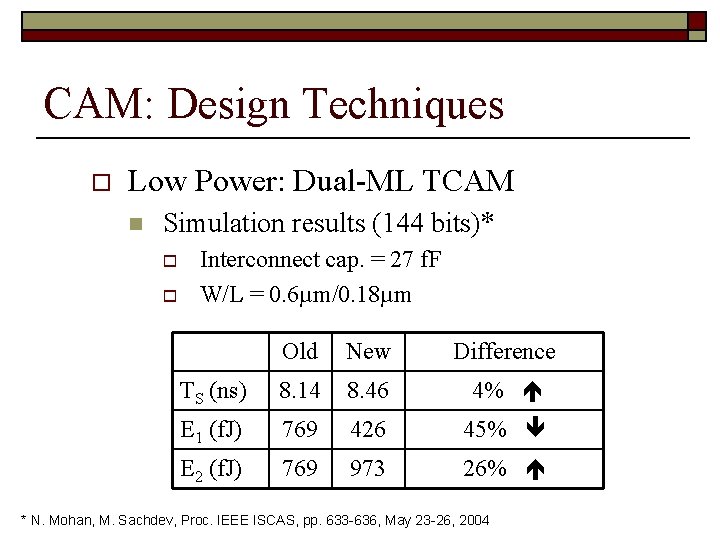 CAM: Design Techniques o Low Power: Dual-ML TCAM n Simulation results (144 bits)* o