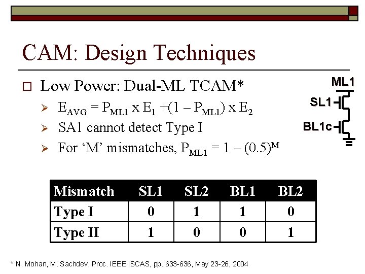 CAM: Design Techniques o ML 1 Low Power: Dual-ML TCAM* Ø Ø Ø EAVG