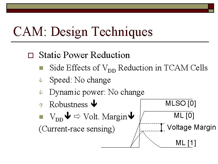 CAM: Design Techniques o Static Power Reduction Side Effects of VDD Reduction in TCAM