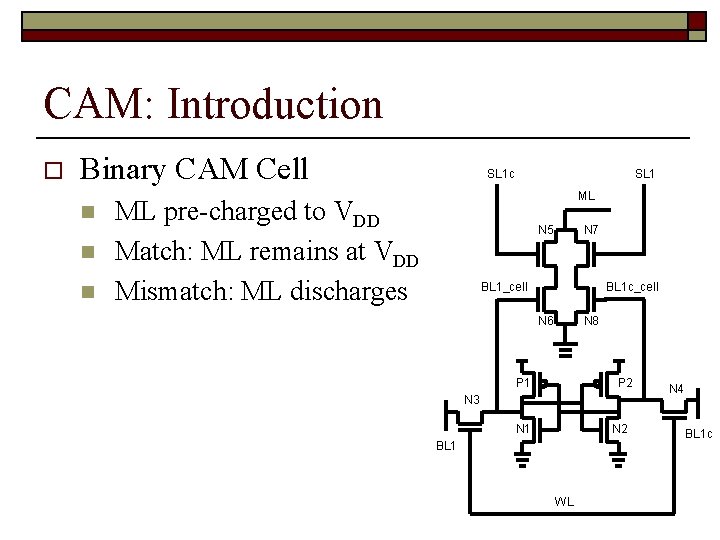 CAM: Introduction o Binary CAM Cell n n n SL 1 c SL 1