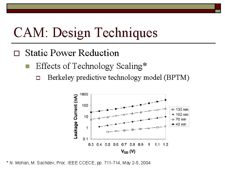 CAM: Design Techniques o Static Power Reduction n Effects of Technology Scaling* o Berkeley