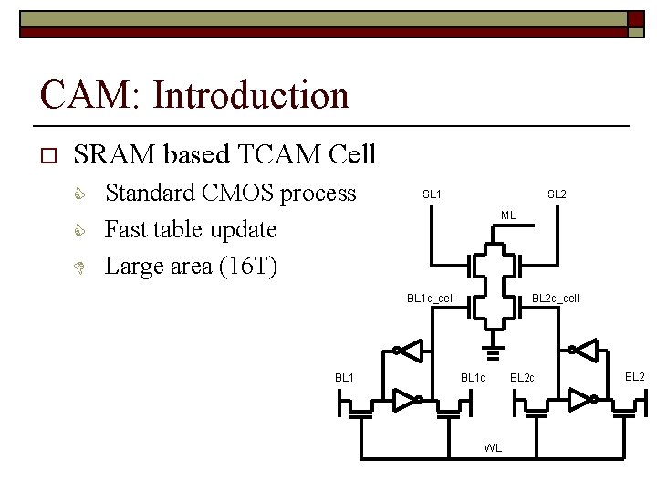 CAM: Introduction o SRAM based TCAM Cell C C D Standard CMOS process Fast