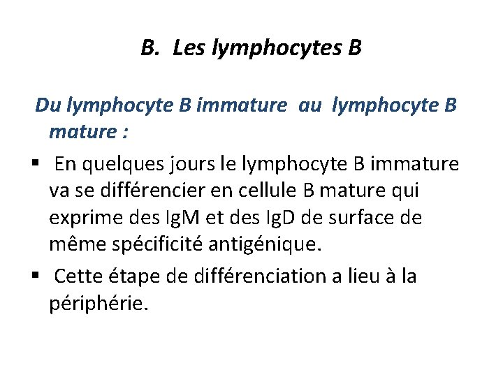 B. Les lymphocytes B Du lymphocyte B immature au lymphocyte B mature : §