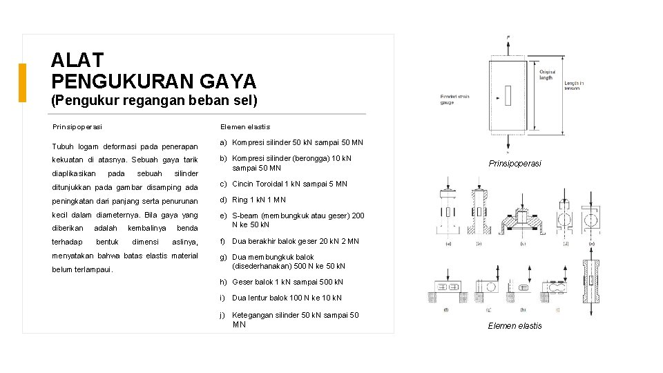 ALAT PENGUKURAN GAYA (Pengukur regangan beban sel) Prinsipoperasi Elemen elastis Tubuh logam deformasi pada