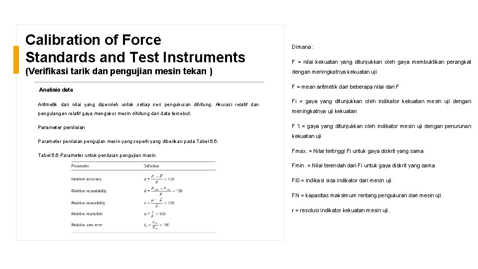 Calibration of Force Standards and Test Instruments Dimana : (Verifikasi tarik dan pengujian mesin