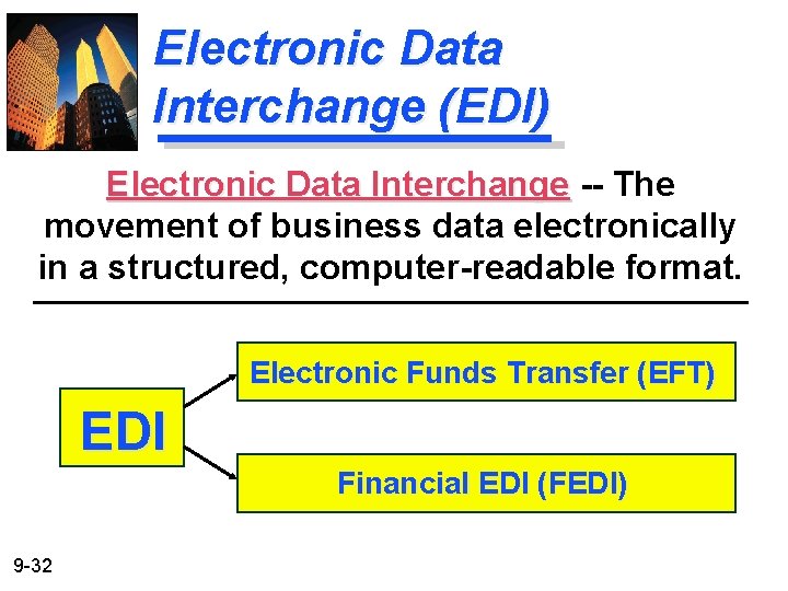 Electronic Data Interchange (EDI) Electronic Data Interchange -- The movement of business data electronically