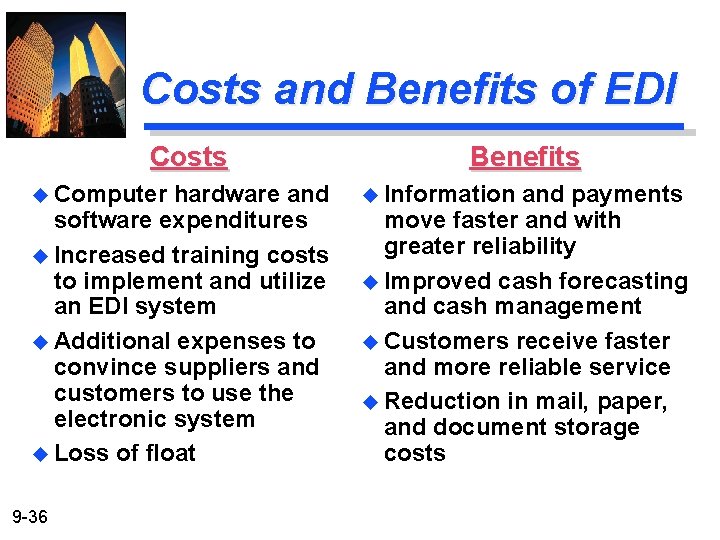 Costs and Benefits of EDI Costs u Computer hardware and software expenditures u Increased