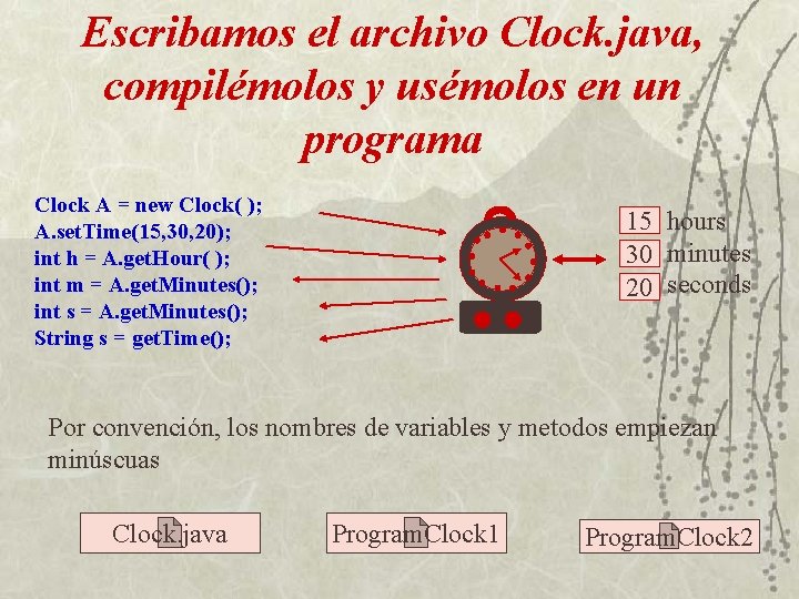 Escribamos el archivo Clock. java, compilémolos y usémolos en un programa Clock A =