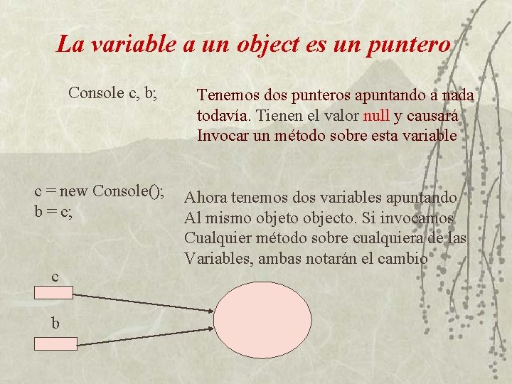 La variable a un object es un puntero Console c, b; c = new