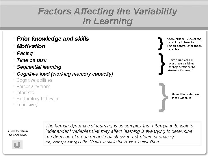 Factors Affecting the Variability in Learning • Prior knowledge and skills • Motivation • Factors Affecting the Variability in Learning • Prior knowledge and skills • Motivation •
