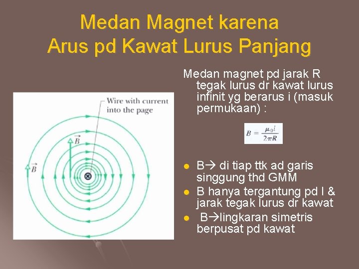 Medan Magnet karena Arus pd Kawat Lurus Panjang Medan magnet pd jarak R tegak