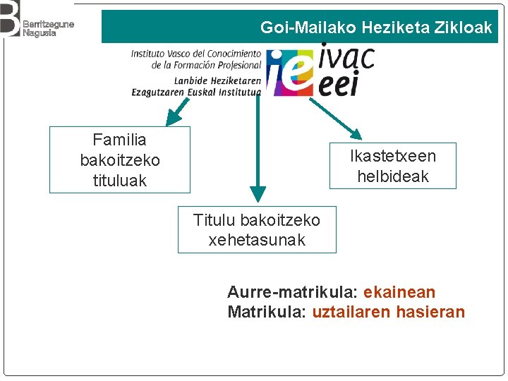 Goi-Mailako Heziketa Zikloak Familia bakoitzeko tituluak Ikastetxeen helbideak Titulu bakoitzeko xehetasunak Aurre-matrikula: ekainean Matrikula: