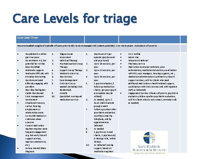 Care Levels for triage Care Level Three Recommended Length of Episode of Care prior