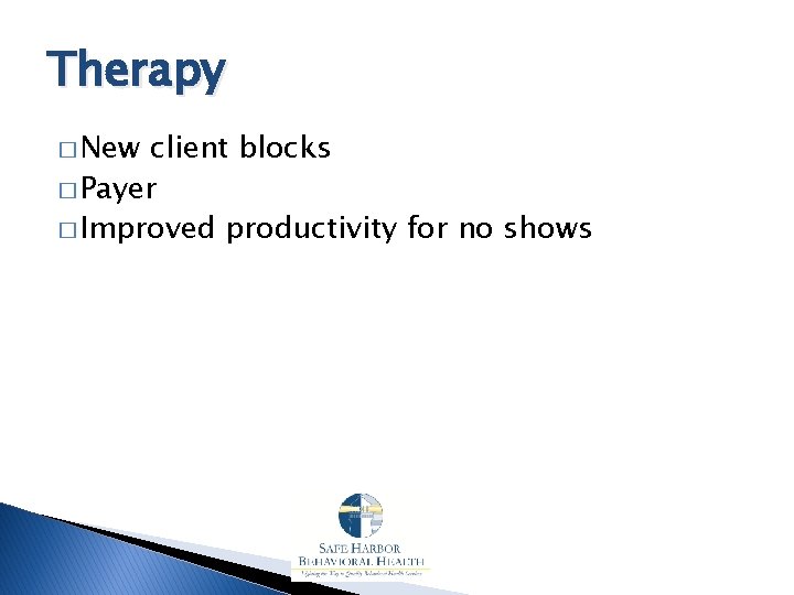 Therapy � New client blocks � Payer � Improved productivity for no shows 