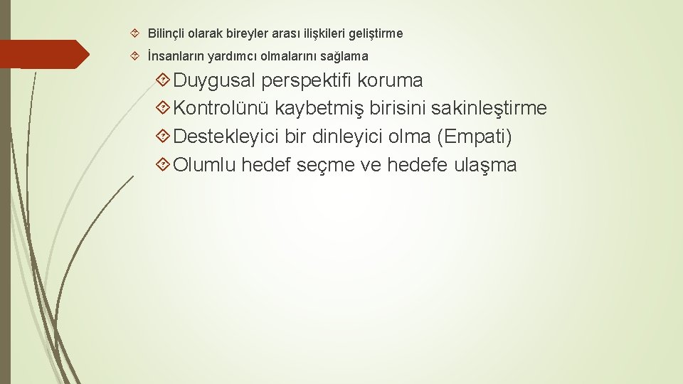  Bilinçli olarak bireyler arası ilişkileri geliştirme İnsanların yardımcı olmalarını sağlama Duygusal perspektifi koruma