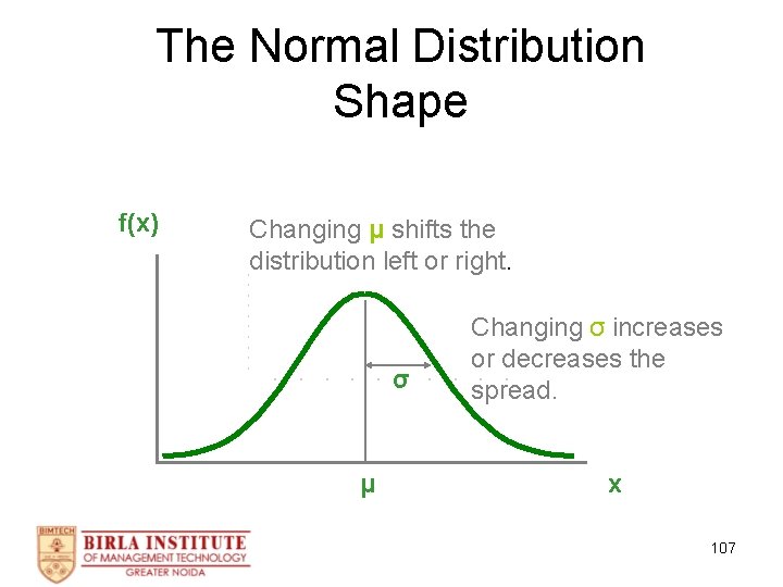 The Normal Distribution Shape f(x) Changing μ shifts the distribution left or right. σ