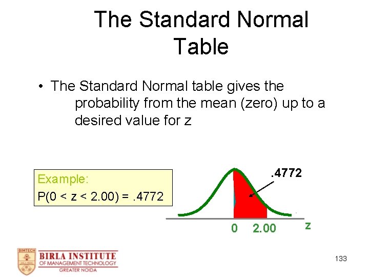 The Standard Normal Table • The Standard Normal table gives the probability from the