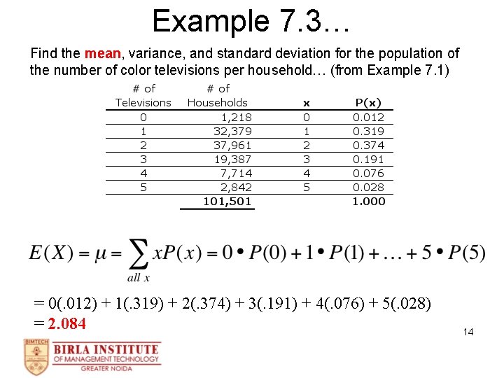 Example 7. 3… Find the mean, variance, and standard deviation for the population of