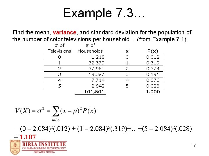 Example 7. 3… Find the mean, variance, and standard deviation for the population of