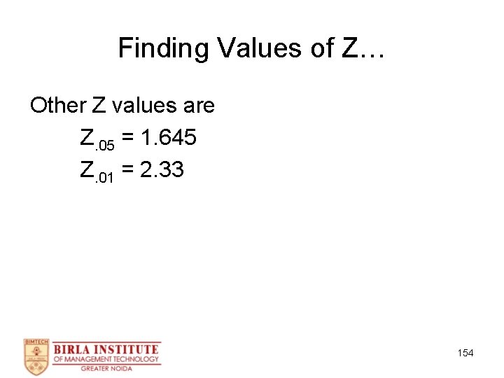 Finding Values of Z… Other Z values are Z. 05 = 1. 645 Z.