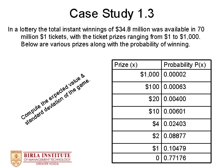 Case Study 1. 3 In a lottery the total instant winnings of $34. 8