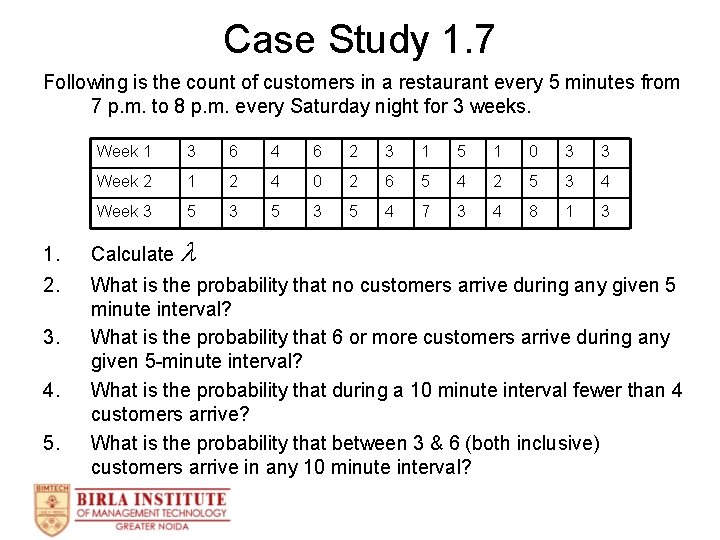 Case Study 1. 7 Following is the count of customers in a restaurant every