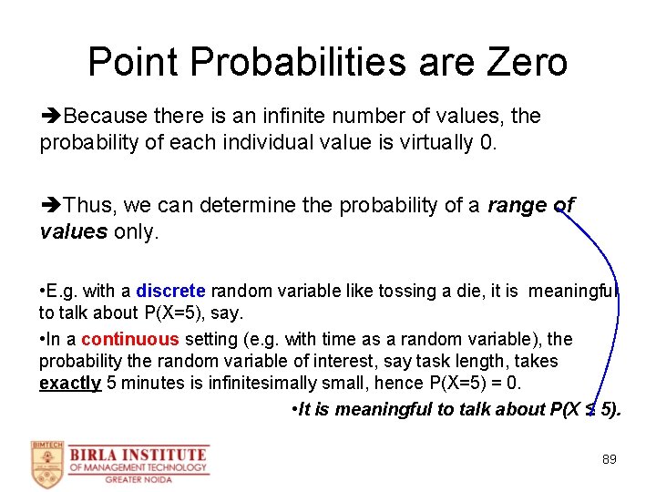 Point Probabilities are Zero Because there is an infinite number of values, the probability