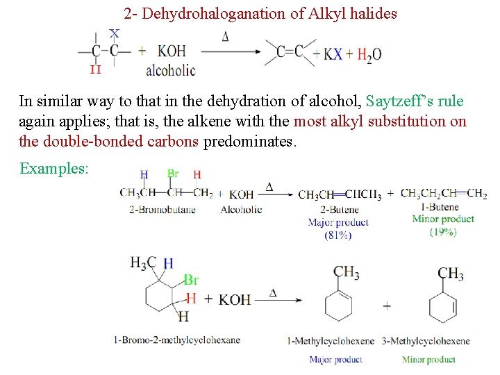 2 - Dehydrohaloganation of Alkyl halides In similar way to that in the dehydration