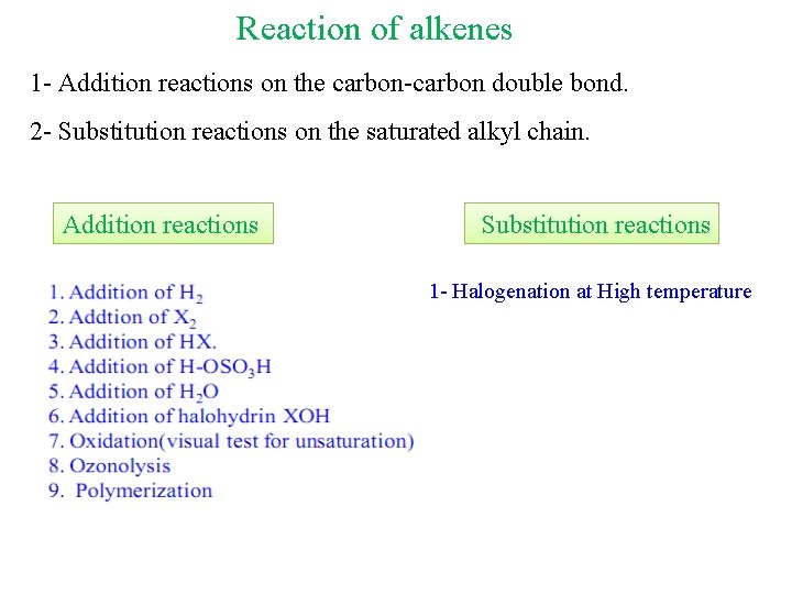 Reaction of alkenes 1 - Addition reactions on the carbon-carbon double bond. 2 -