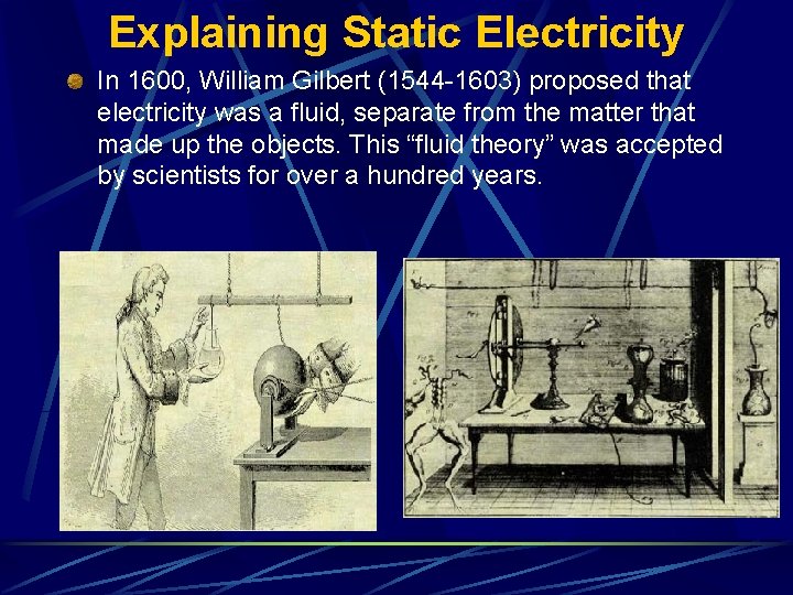 Explaining Static Electricity In 1600, William Gilbert (1544 -1603) proposed that electricity was a