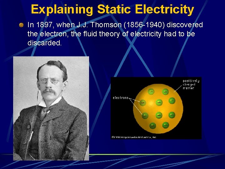 Explaining Static Electricity In 1897, when J. J. Thomson (1856 -1940) discovered the electron,