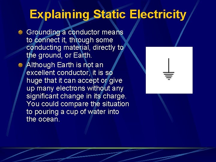 Explaining Static Electricity Grounding a conductor means to connect it, through some conducting material,