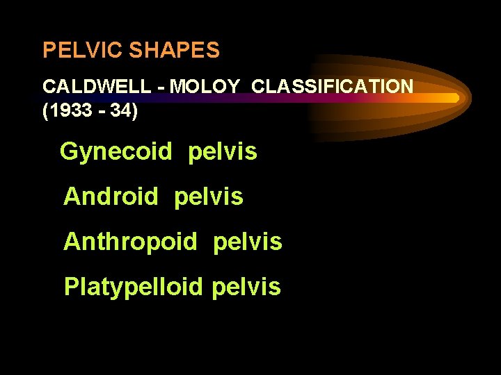 PELVIC SHAPES CALDWELL - MOLOY CLASSIFICATION (1933 - 34) Gynecoid pelvis Android pelvis Anthropoid