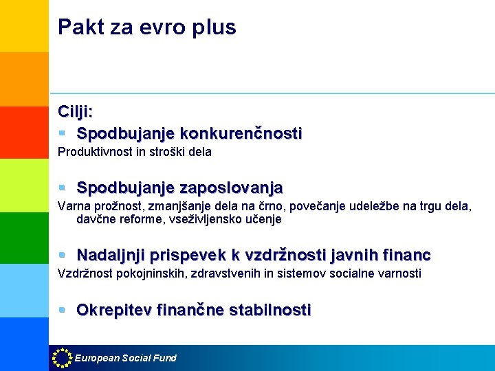 Pakt za evro plus Cilji: § Spodbujanje konkurenčnosti Produktivnost in stroški dela § Spodbujanje