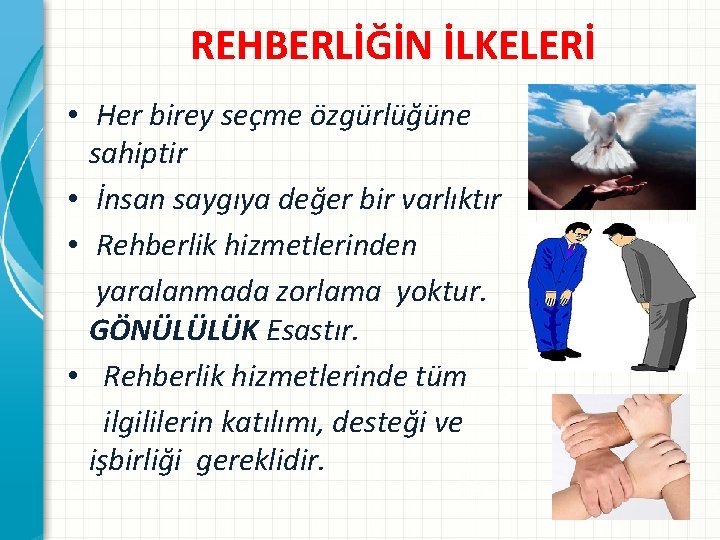 REHBERLİĞİN İLKELERİ • Her birey seçme özgürlüğüne sahiptir • İnsan saygıya değer bir varlıktır