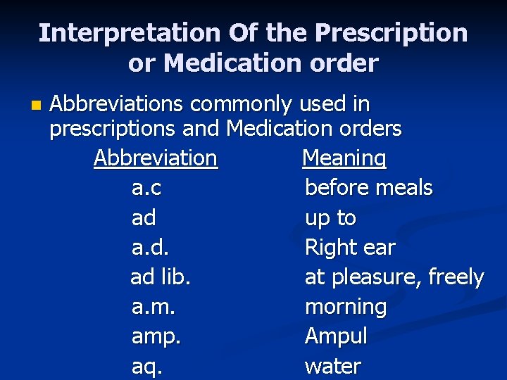 Interpretation Of the Prescription or Medication order n Abbreviations commonly used in prescriptions and