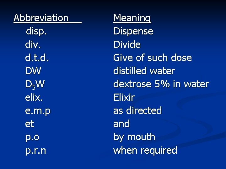 Abbreviation disp. div. d. t. d. DW D 5 W elix. e. m. p