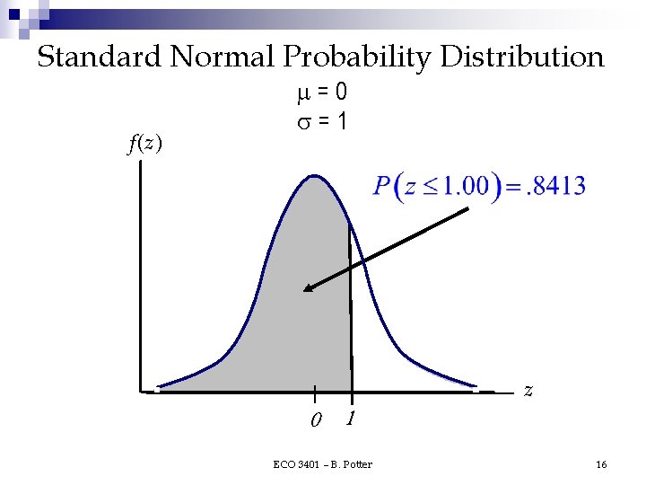 Standard Normal Probability Distribution f (z ) =0 =1 0 1 ECO 3401 – Standard Normal Probability Distribution f (z ) =0 =1 0 1 ECO 3401 –